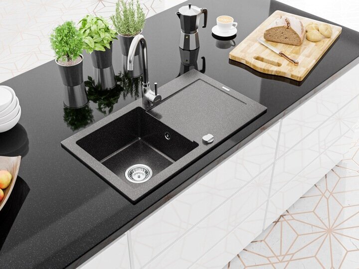 Graniidist köögivalamu Mexen Aron koos segisti ja sifooniga, Black granite+Chrome hind ja info | Köögivalamud | kaup24.ee