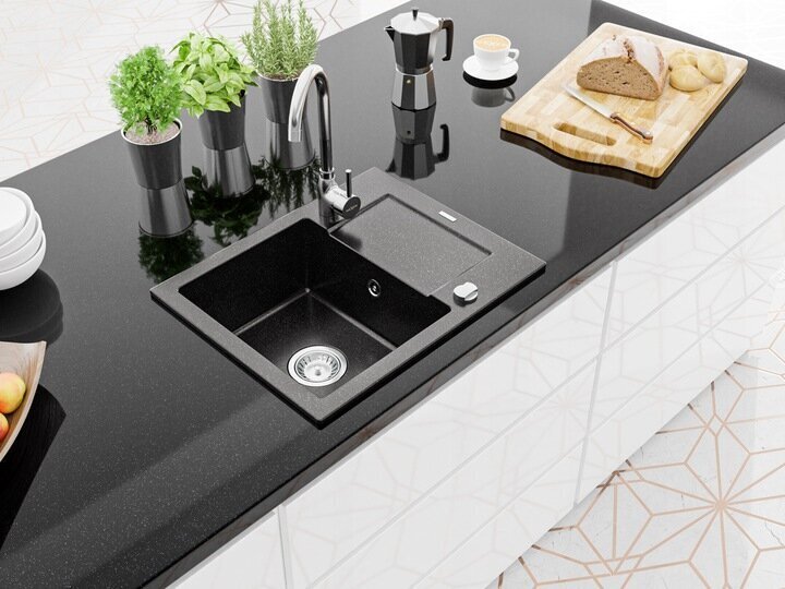 Graniidist köögivalamu Mexen Enzo koos segisti ja sifooniga, Metallic black/silver+Chrome hind ja info | Köögivalamud | kaup24.ee