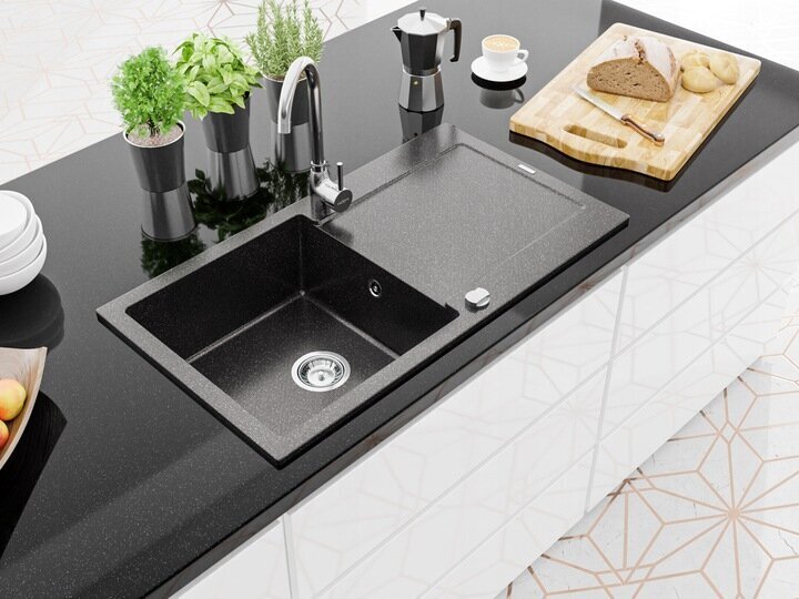 Graniidist köögivalamu Mexen Leo koos segisti ja sifooniga, Black granite+Chrome hind ja info | Köögivalamud | kaup24.ee