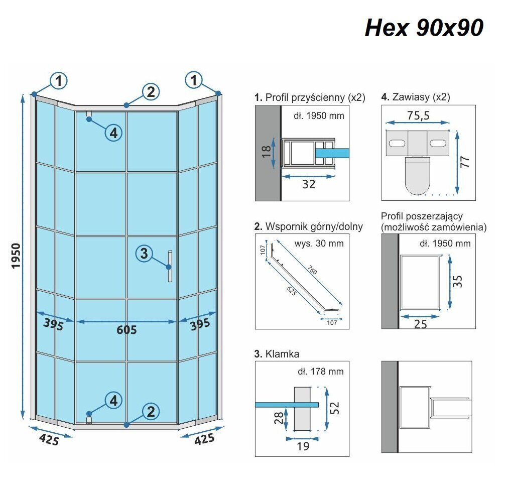 Dušikabiin REA Hex Black, 80x80, 90x90 cm hind ja info | Dušikabiinid | kaup24.ee