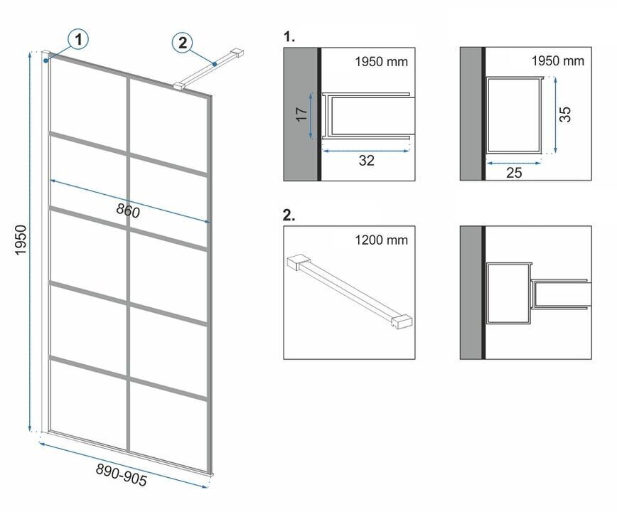 Dušisein REA Bler I Evo koos riiuli/nagiga, Black Mat, 70, 80, 90, 100, 110, 120 x195cm hind ja info | Dušikabiinide uksed ja seinad | kaup24.ee