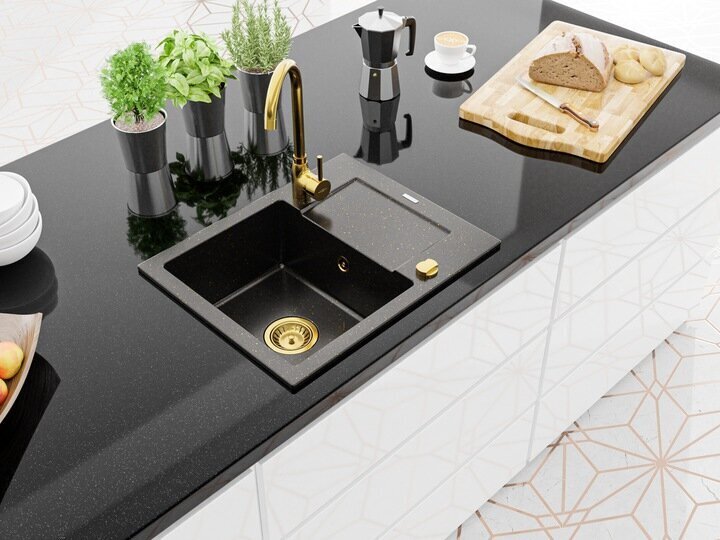 Graniidist köögivalamu Mexen Enzo koos segisti ja sifooniga, Metallic black/gold+Gold hind ja info | Köögivalamud | kaup24.ee