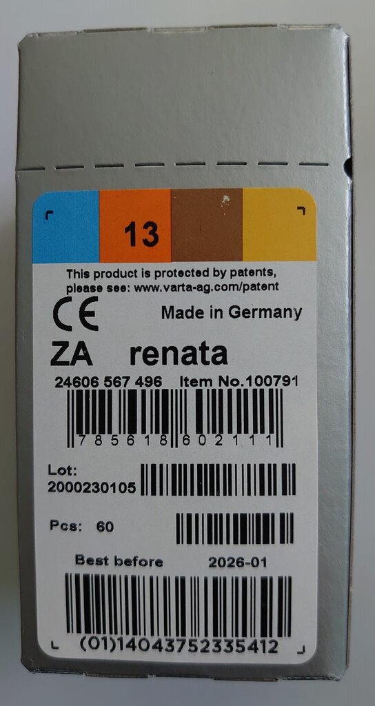 Renata patareid (ZA13.DP6) kuuldeaparaatide jaoks (Zinc-Air), 60 tk hind ja info | Patareid | kaup24.ee