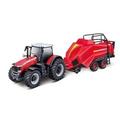 Детский трактор с подъемником пресс-подборщика Bburago Massey Ferguson 8740S / 10 см / кpacный цена и информация | Развивающий мелкую моторику - кинетический песок KeyCraft NV215 (80 г) детям от 3+ лет, бежевый | kaup24.ee