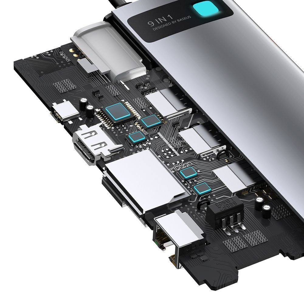 Hub 9in1 Baseus Metal Gleam Series, USB-C to 3x USB 3.0 + HDMI + USB-C PD + Ethernet RJ45 + microSD/SD + VGA hind ja info | USB jagajad, adapterid | kaup24.ee