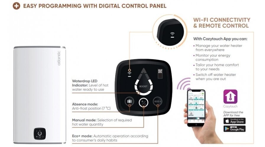 Elektriline veeboiler Atlantic STEATITE CUBE WIFI WM075 , vertikaalne 75 L цена и информация | Boilerid | kaup24.ee