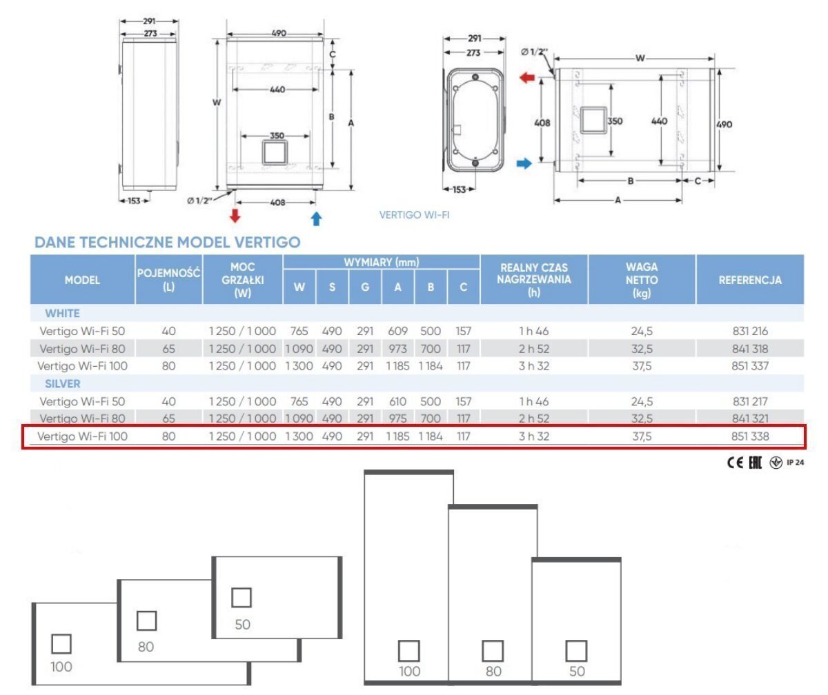 Elektriline veeboiler Atlantic VERTIGO NEW STEATITE WIFI 100 Silver, vertikaalne/horisontaalne 80 L hind ja info | Boilerid | kaup24.ee