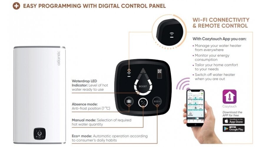 Elektriline veeboiler Atlantic STEATITE CUBE WIFI WM100 SILVER, vertikaalne 100 L hind ja info | Boilerid | kaup24.ee