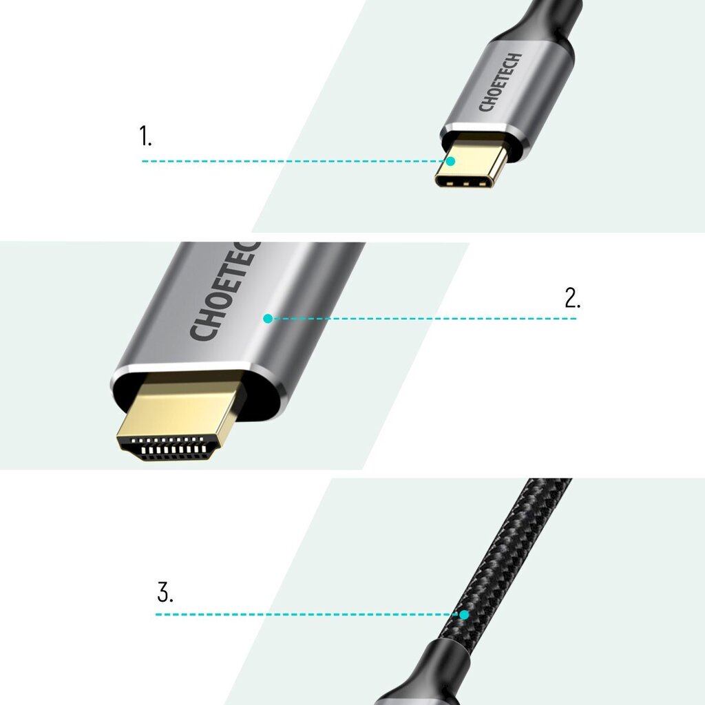 Choetechi komplekti adapter HUB USB Type C – HDMI 2.0 (3840 x 2160 @ 60Hz) hall (HUB-H12) + USB-kaabel Type C – HDMI (3840 x 2160 @ 60Hz) 2m hall (CH0021) hind ja info | Mobiiltelefonide kaablid | kaup24.ee