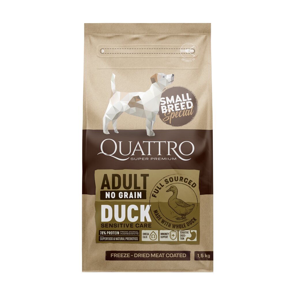 Quattro Small Breed Adult teraviljavaba kuivtoit väikest tõugu koertele koos pardiga, 1,5kg hind ja info | Kuivtoit koertele | kaup24.ee