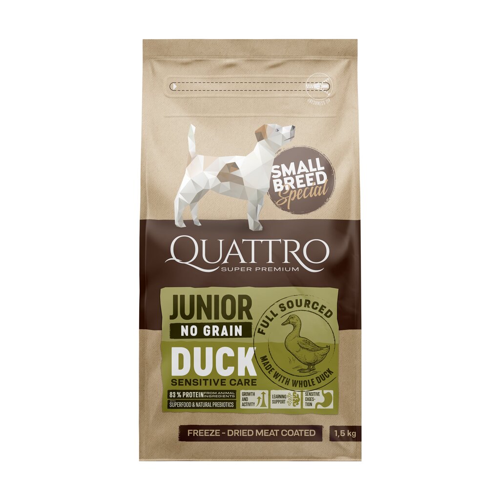 Quattro Small Breed Junior teraviljavaba kuivtoit väikest tõugu koertele koos pardiga, 7kg hind ja info | Kuivtoit koertele | kaup24.ee