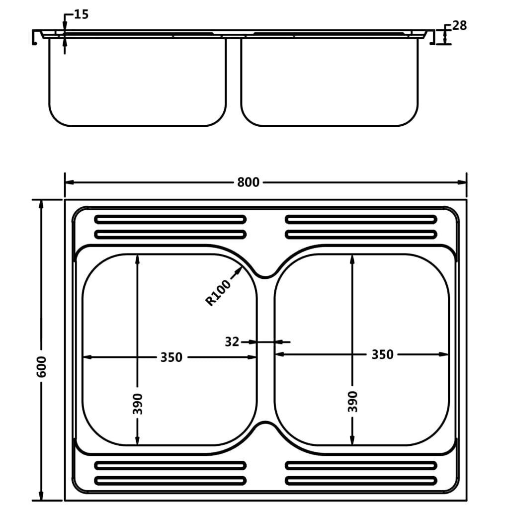 vidaXL valamu kahe kraanikausiga, hõbe 800x600x155 mm roostevaba teras цена и информация | Köögivalamud | kaup24.ee