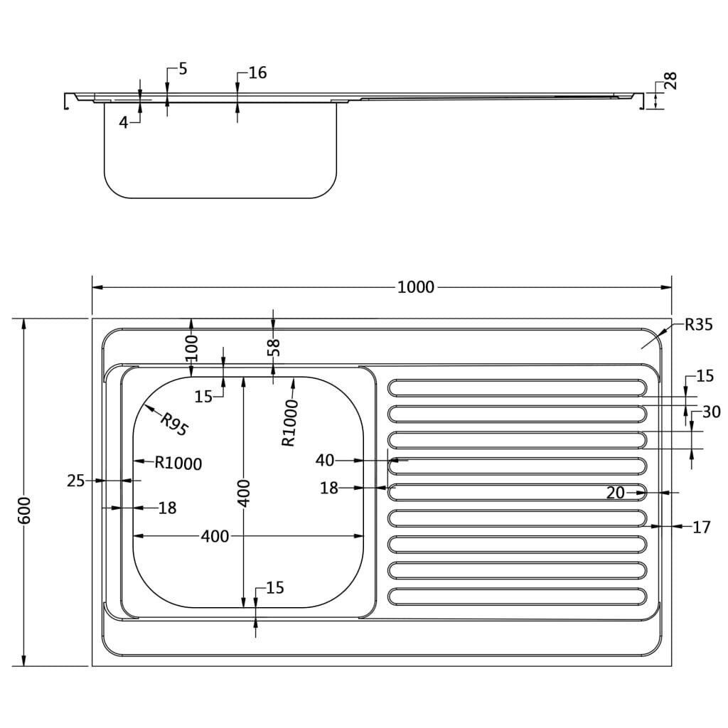 vidaXL valamu äravoolukomplekt, hõbe, 1000x600x155 mm roostevaba teras hind ja info | Köögivalamud | kaup24.ee