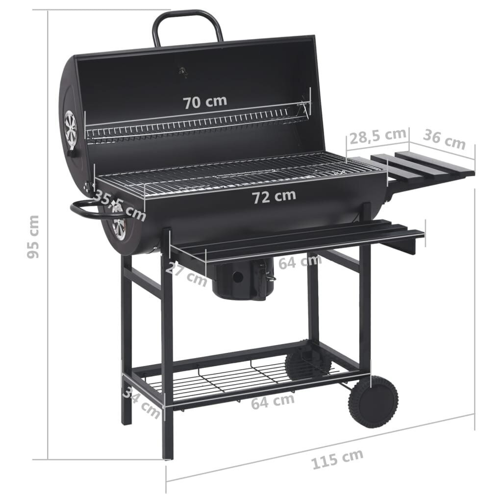 vidaXL tünnigrill rataste ja riiulitega, must, teras, 115 x 38 x 95 cm цена и информация | Grillid | kaup24.ee