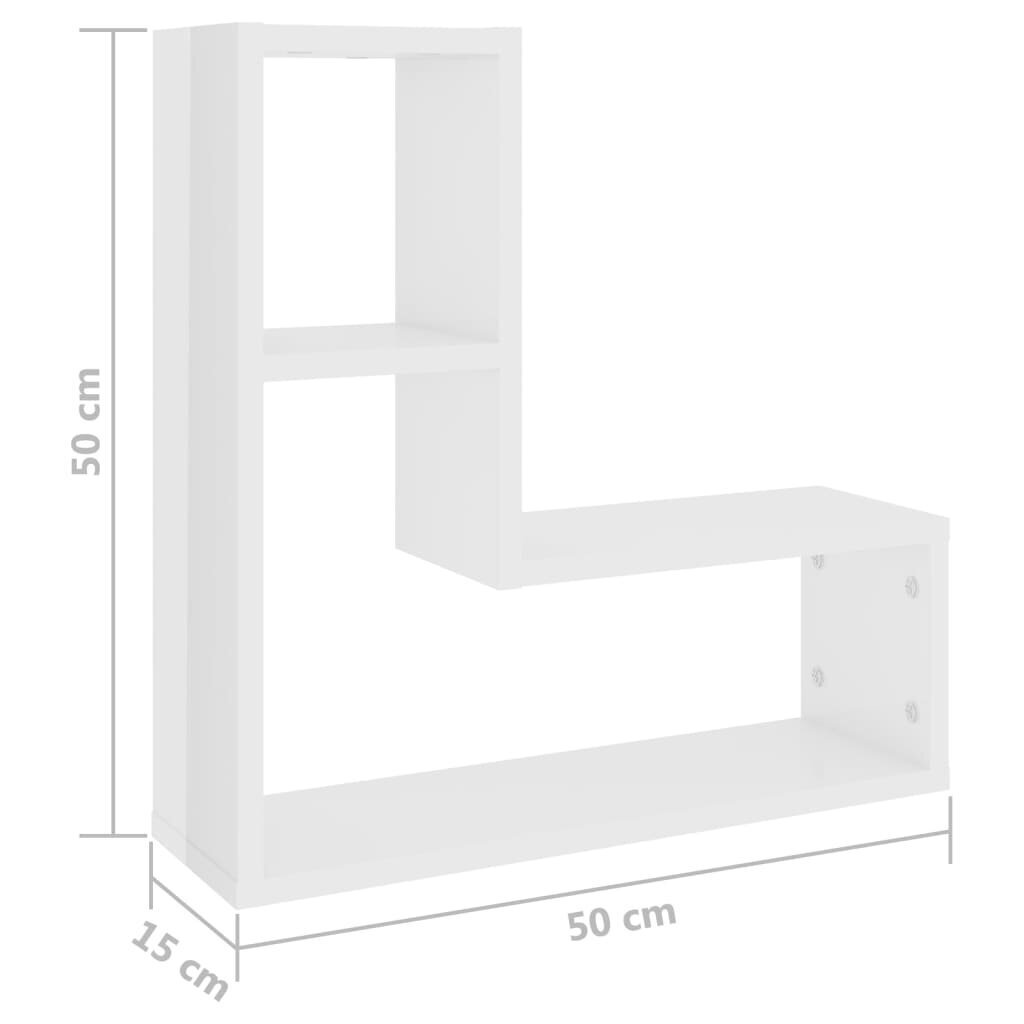 vidaXL seinariiulid 2 tk kõrgläikega valge 50x15x50 cm, puitlaastplaat hind ja info | Riiulid | kaup24.ee