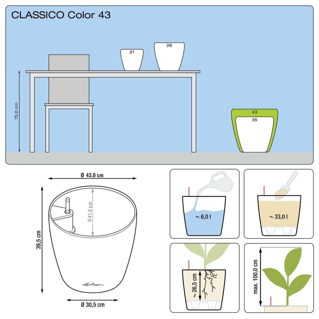 LECHUZA taimekast "Classico Color 43 ALL-IN-ONE" liist 13244 hind ja info | Dekoratiivsed lillepotid | kaup24.ee