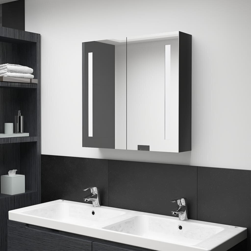 vidaXL LED vannitoa peegelkapp, läikega must, 62 x 14 x 60 cm hind ja info | Vannitoakapid | kaup24.ee