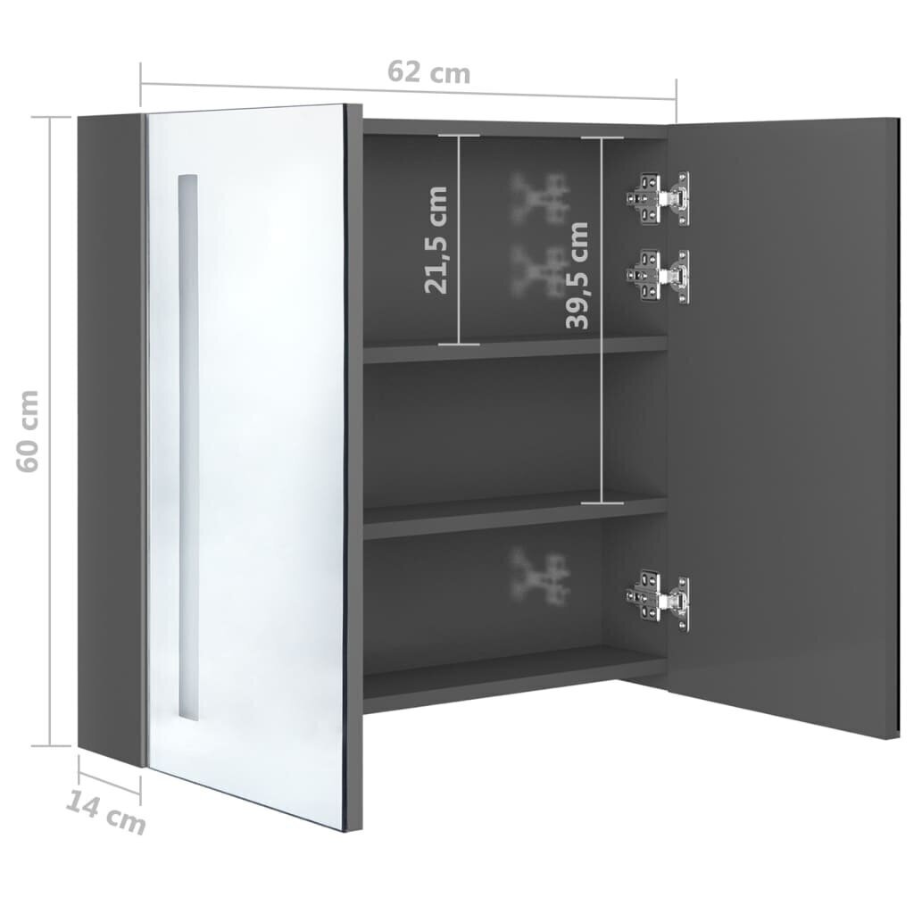 vidaXL LED vannitoa peegelkapp, läikega hall, 62 x 14 x 60 cm hind ja info | Vannitoakapid | kaup24.ee