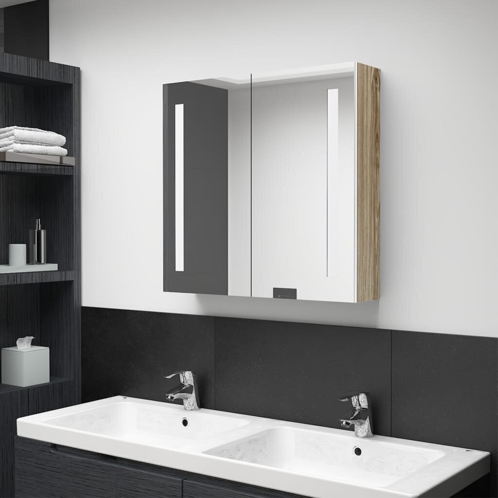 vidaXL LED vannitoa peegelkapp, valge, tamm, 62 x 14 x 60 cm hind ja info | Vannitoakapid | kaup24.ee