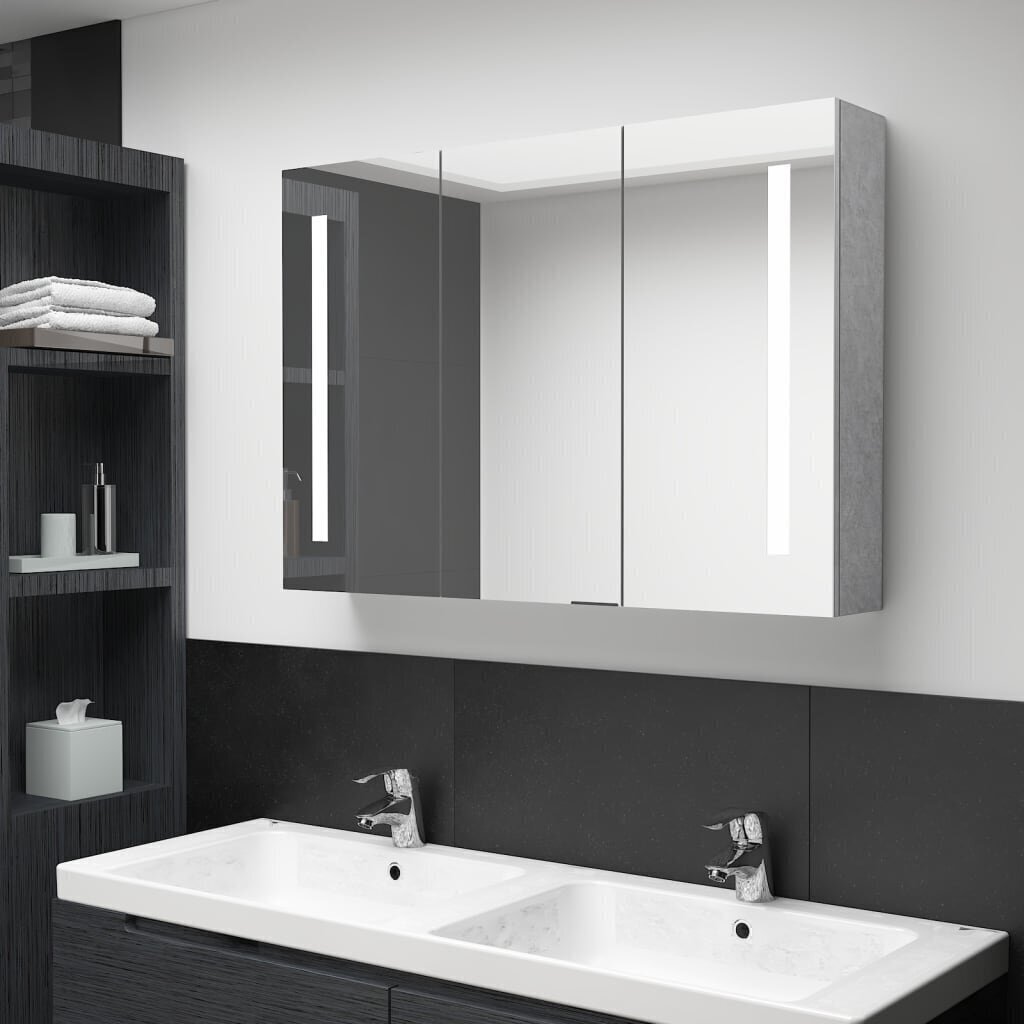 vidaXL LED vannitoa peegelkapp, betoonhall, 89 x 14 x 62 cm hind ja info | Vannitoakapid | kaup24.ee