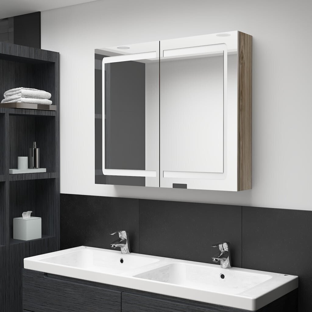 vidaXL LED vannitoa peegelkapp, tamm, 80 x 12 x 68 cm hind ja info | Vannitoakapid | kaup24.ee