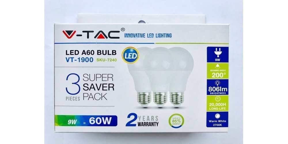 9W LED pirn V-TAC, E27, A60, termoplastik, 2700K (soe valge), 3 tk hind ja info | Lambipirnid, lambid | kaup24.ee