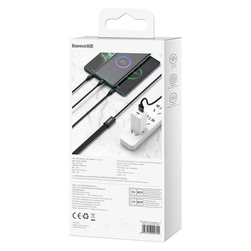USB cable 3in1 Baseus Rapid Series, USB to micro USB / USB-C / Lightning, 3.5A, 1.2m (Black) hind ja info | Mobiiltelefonide kaablid | kaup24.ee