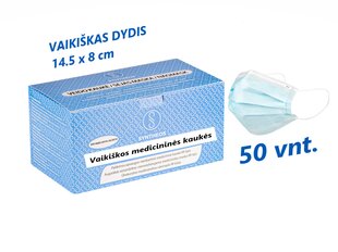 Детская медицинская одноразовая маска Syntheos 50шт, тип IIR, синяя, сделано в Литве, 3-слойная цена и информация | Аптечки | kaup24.ee