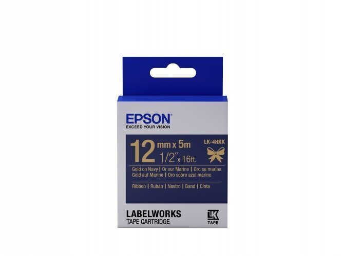 Epson Label Cartridge Satin Ribbon LK-4HKK Gold on Navy 12mm (5m) • Epson labels are designed to last • Durable satin ribbon tapes resist water and abrasion • Great-value 5-metre label tapes • Can be used also for clothes naming (to be sewn) For best resu hind ja info | Tindiprinteri kassetid | kaup24.ee