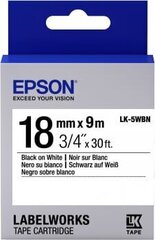 Epson Label Cartridge LK-5WBN Standard glue Black on White 18mm (9m) • Ideal for everyday use • Range of widths from 6mm to 36mm*1 • Red, blue or black text on a white background • Epson labels are designed to last • Durable labels resist water and withst hind ja info | Tindiprinteri kassetid | kaup24.ee