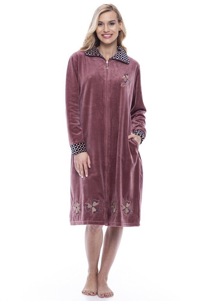 Naiste veluurist hommikumantel värvilise kraega Cool&Time 107, pruun цена и информация | Naiste hommikumantlid | kaup24.ee
