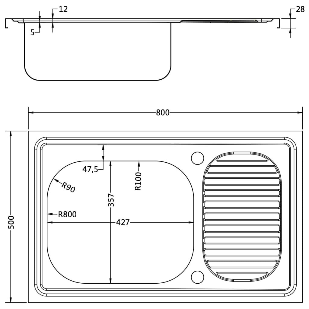 vidaXL valamu äravoolukomplekt, hõbe, 800x500x155 mm, roostevaba teras цена и информация | Köögivalamud | kaup24.ee