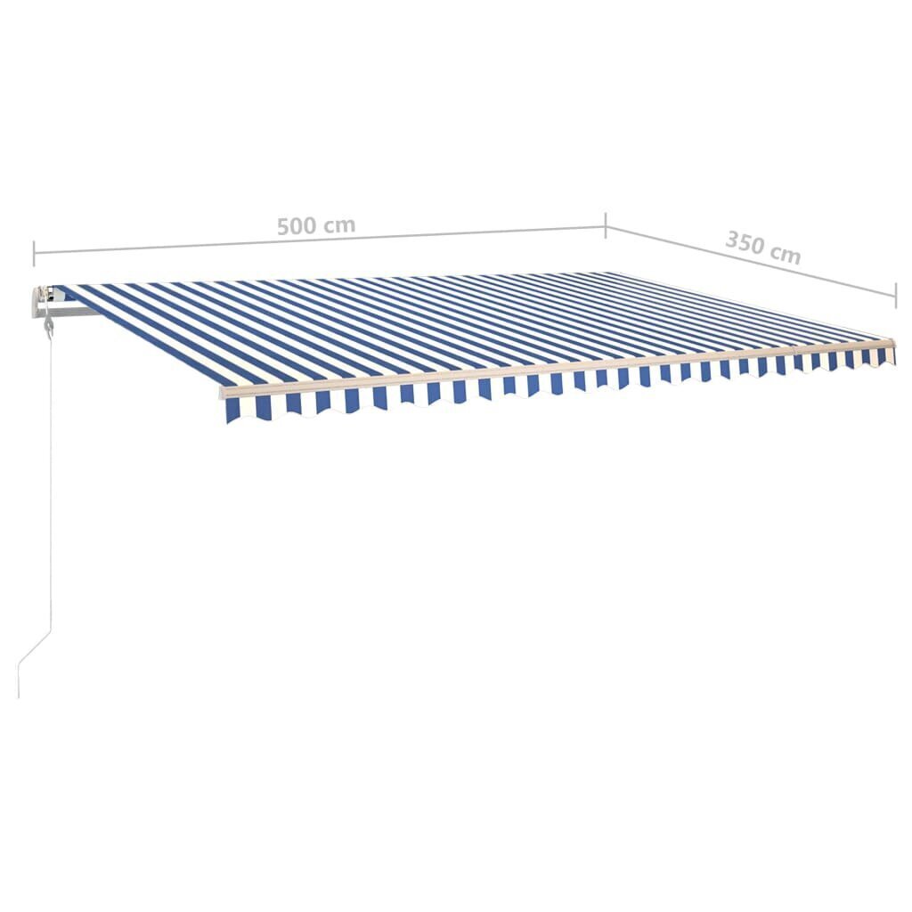 vidaXL käsitsi sissetõmmatav varikatus, LED´id, 5x3,5 m, sinine/valge цена и информация | Päikesevarjud, markiisid ja alused | kaup24.ee