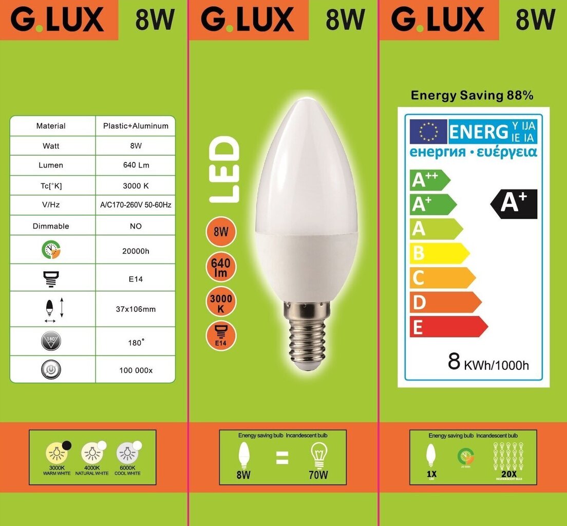LED pirnid G.LUX GR-LED-C37-8W 3000K, 10 tk pakis hind ja info | Lambipirnid, lambid | kaup24.ee