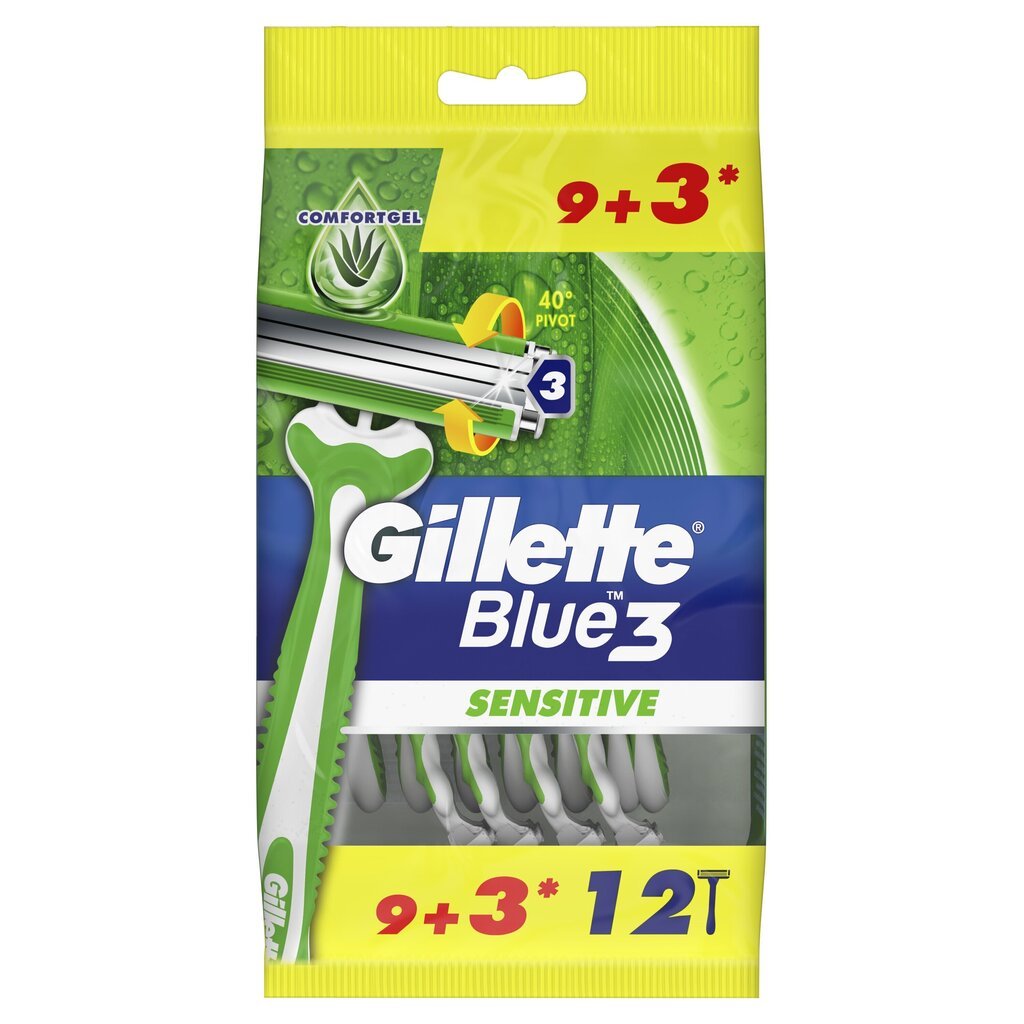 Gillette Blue3 Sensitive Meeste Ühekordne Raseerija, 9+3 tk hind ja info | Raseerimisvahendid | kaup24.ee