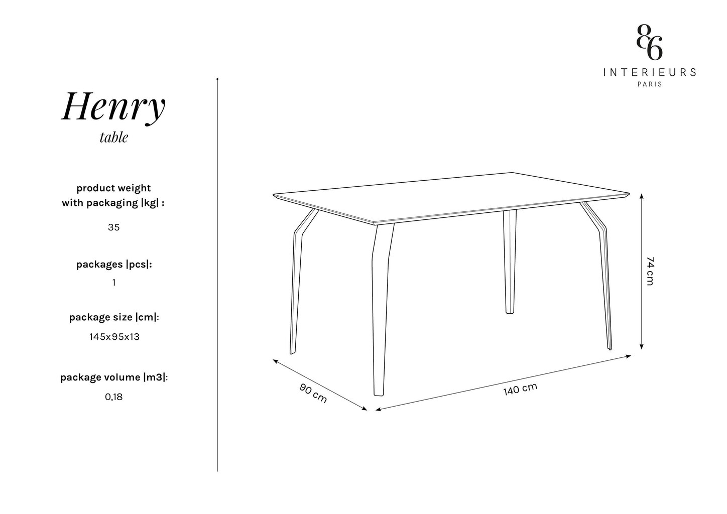 Laud Interieurs 86 Henry, 140x90 cm, must hind ja info | Köögi- ja söögilauad | kaup24.ee