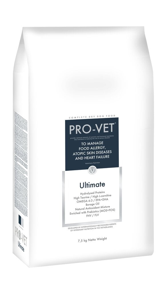 Ultimate 7,5kg - PRO-VET. Veterinaar-dieettoit on spetsiaalselt loodud koertele, kellel on toiduallergia, toidutalumatus (ülitundlikkushäired) või atoopia (allergiline dermatiit); sobib südamepuudulikkusega (kardiomüopaatia) koertele. hind ja info | Kuivtoit koertele | kaup24.ee