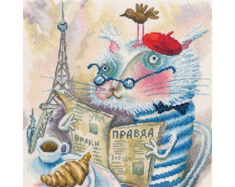 Ristpistes tikkimiskomplekt "Pariisis raamatut lugev kass", 23.5 cm x 23.5 cm, RTO hind ja info | Tikkimistarvikud | kaup24.ee