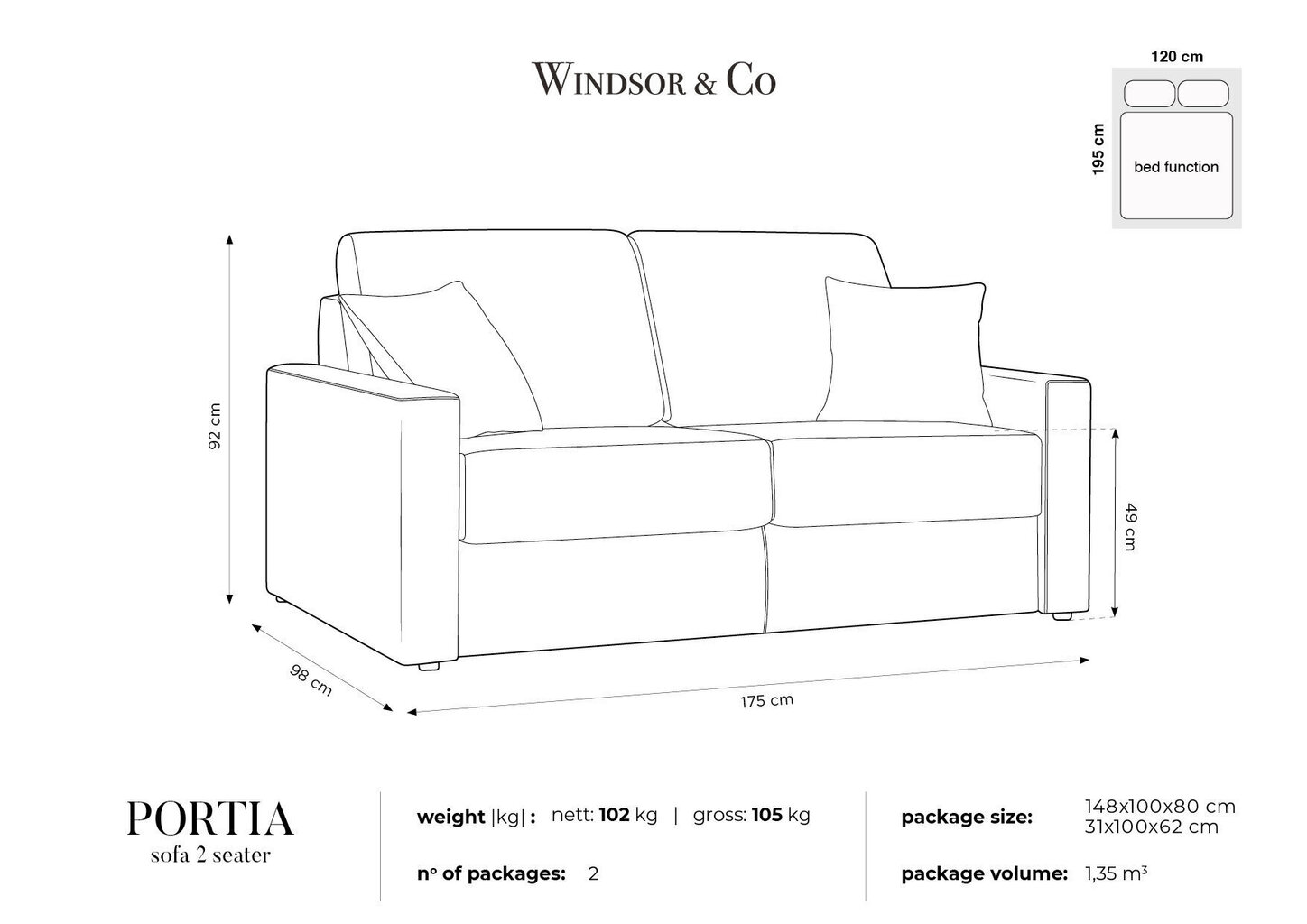 Diivan Windsor & Co Portia 2, must hind ja info | Diivanid ja diivanvoodid | kaup24.ee