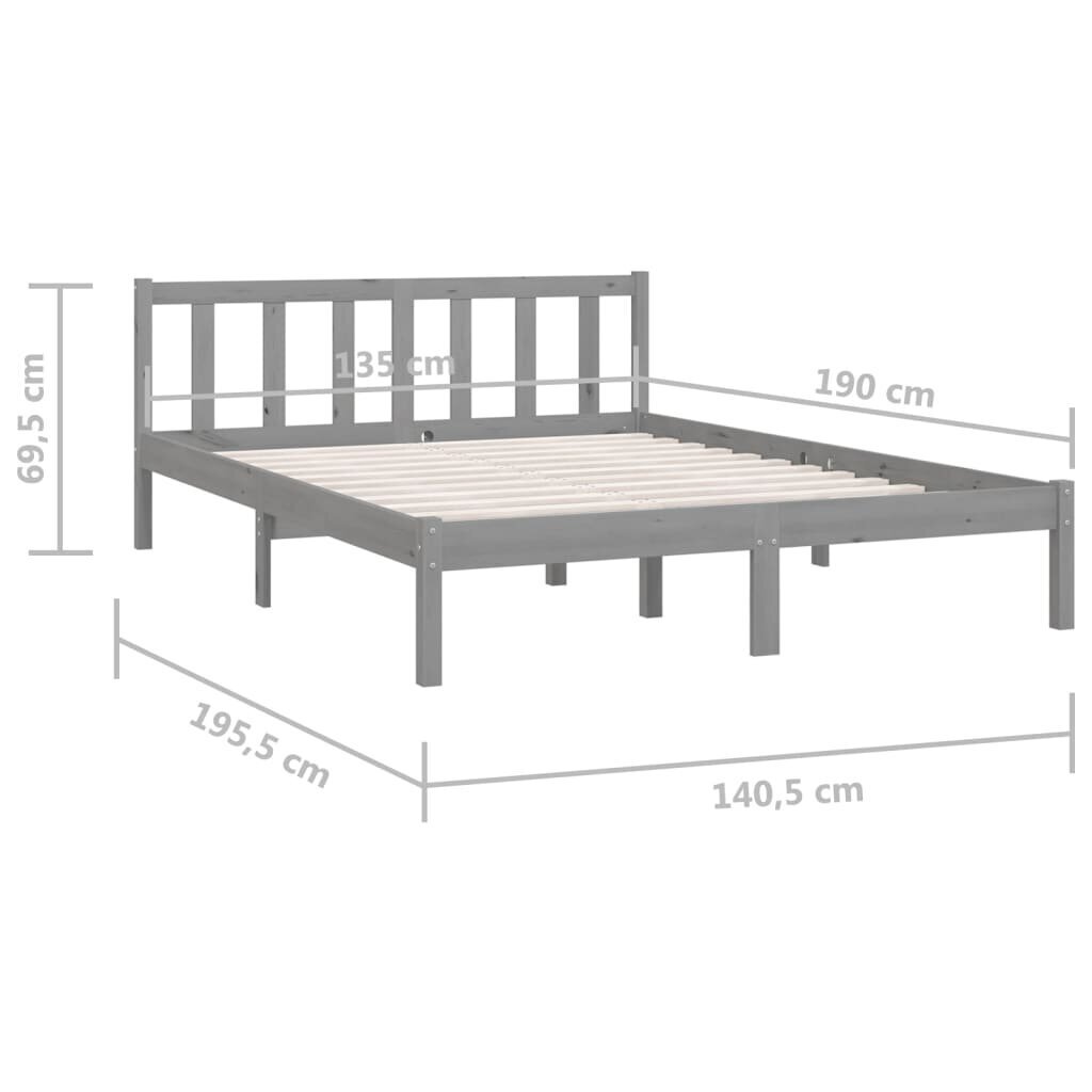 Voodiraam vidaXL, hall, männipuit, 135 x 190 cm hind ja info | Voodid | kaup24.ee