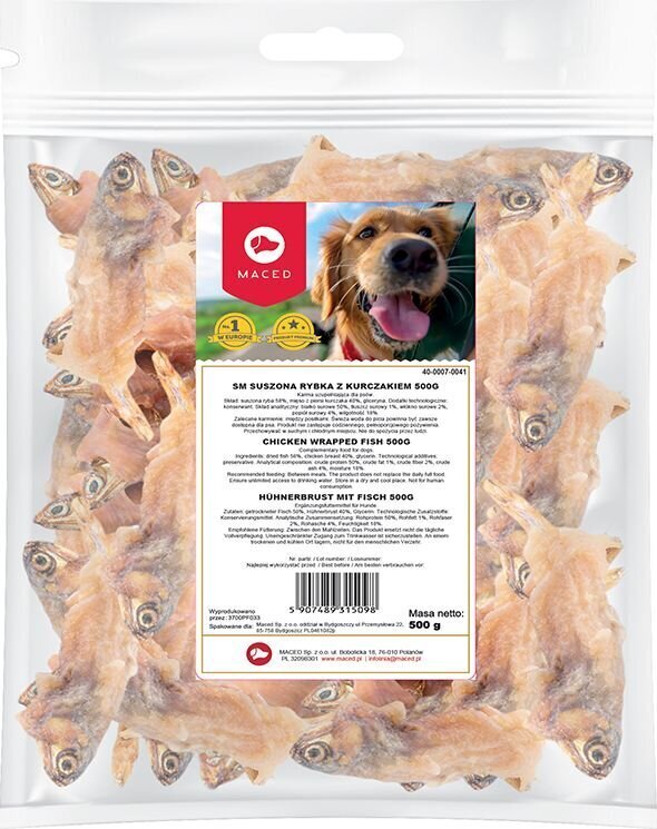 Maius kuivatatud kala kanaga Maced, 500 g hind ja info | Maiustused koertele | kaup24.ee