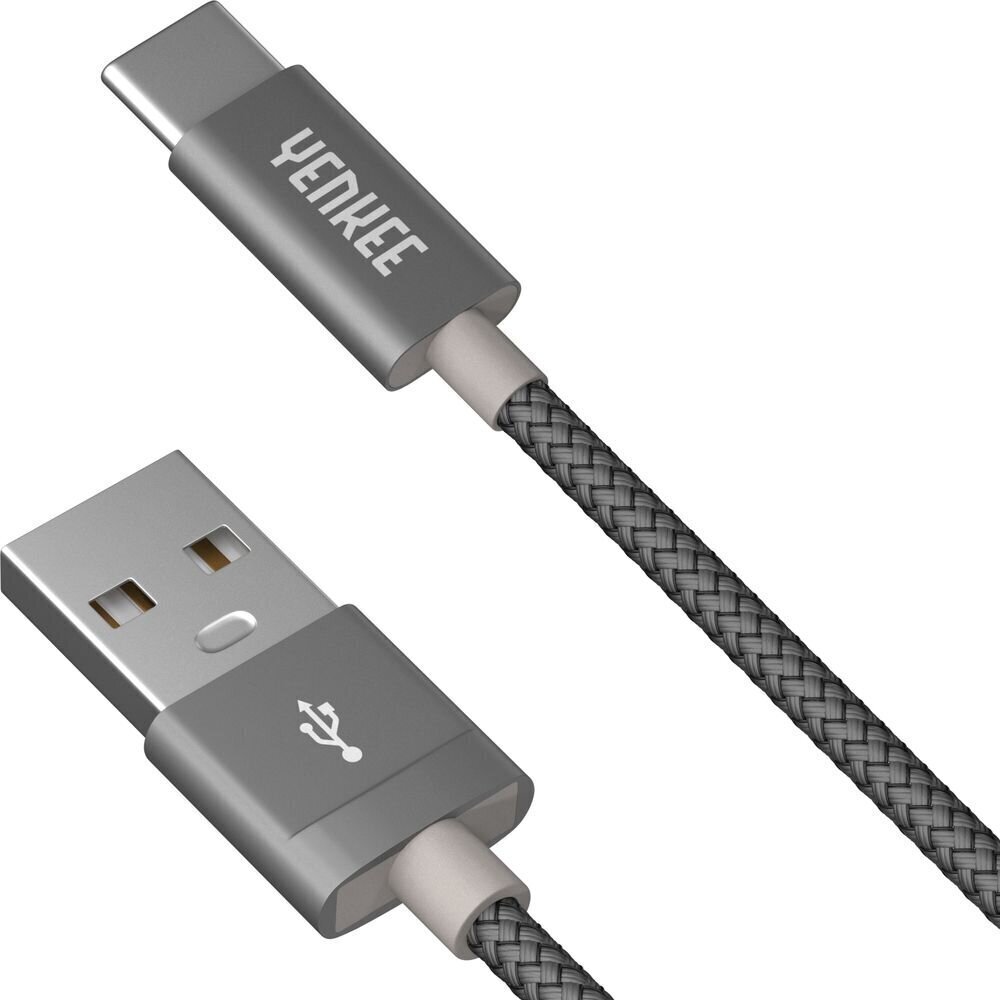 Punutud kaabel YENKEE, 2.0 USB A - USB C, 480 Mbps, 3A, 2m, alumiiniumist korpus, hall цена и информация | Mobiiltelefonide kaablid | kaup24.ee