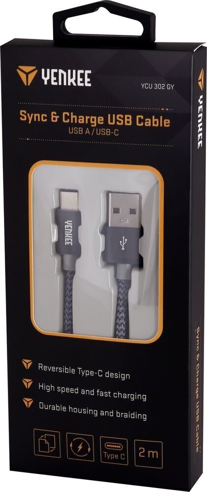 Punutud kaabel YENKEE, 2.0 USB A - USB C, 480 Mbps, 3A, 2m, alumiiniumist korpus, hall hind ja info | Mobiiltelefonide kaablid | kaup24.ee