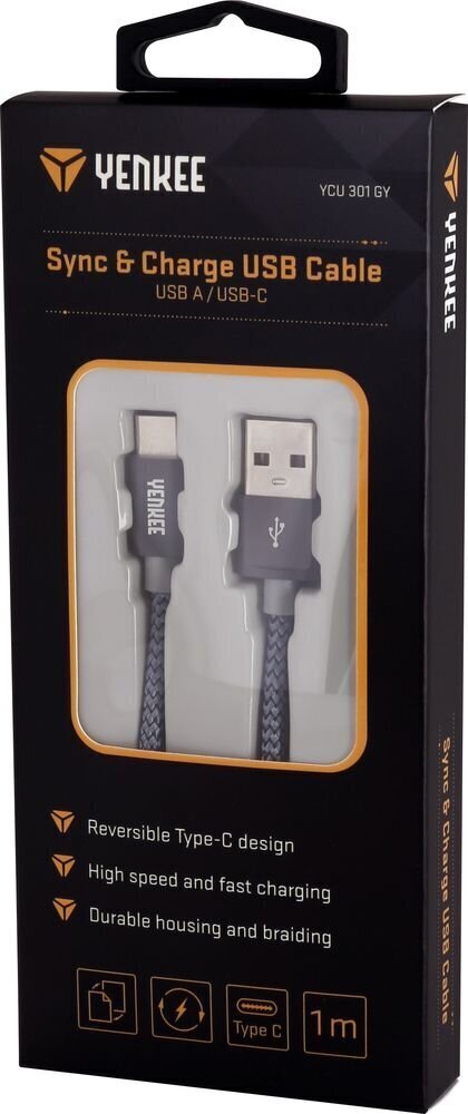 Punutud kaabel YENKEE, 2.0 USB A - USB C, 480 Mbps, 3A, 1m, alumiiniumist korpus, hall цена и информация | Mobiiltelefonide kaablid | kaup24.ee