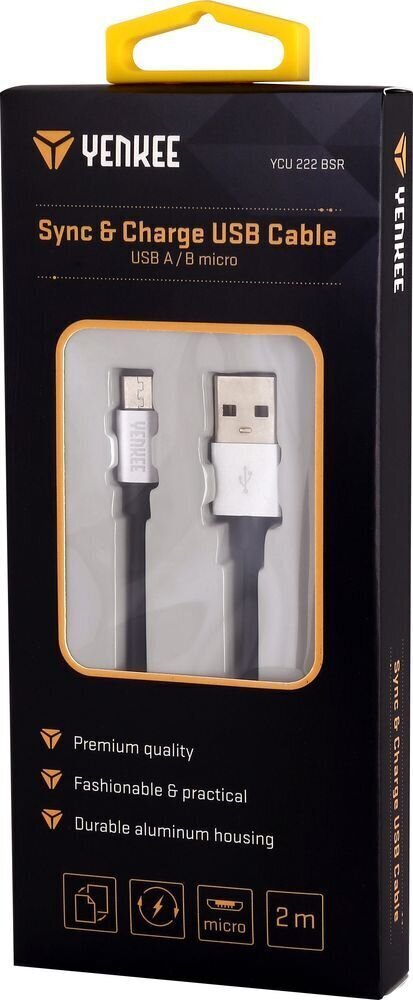 YENKEE, 2.0 USB A - micro USB (USB B), 480 Mbps, 2.1A, 2m, alumiiniumist korpus, hall/must hind ja info | Mobiiltelefonide kaablid | kaup24.ee