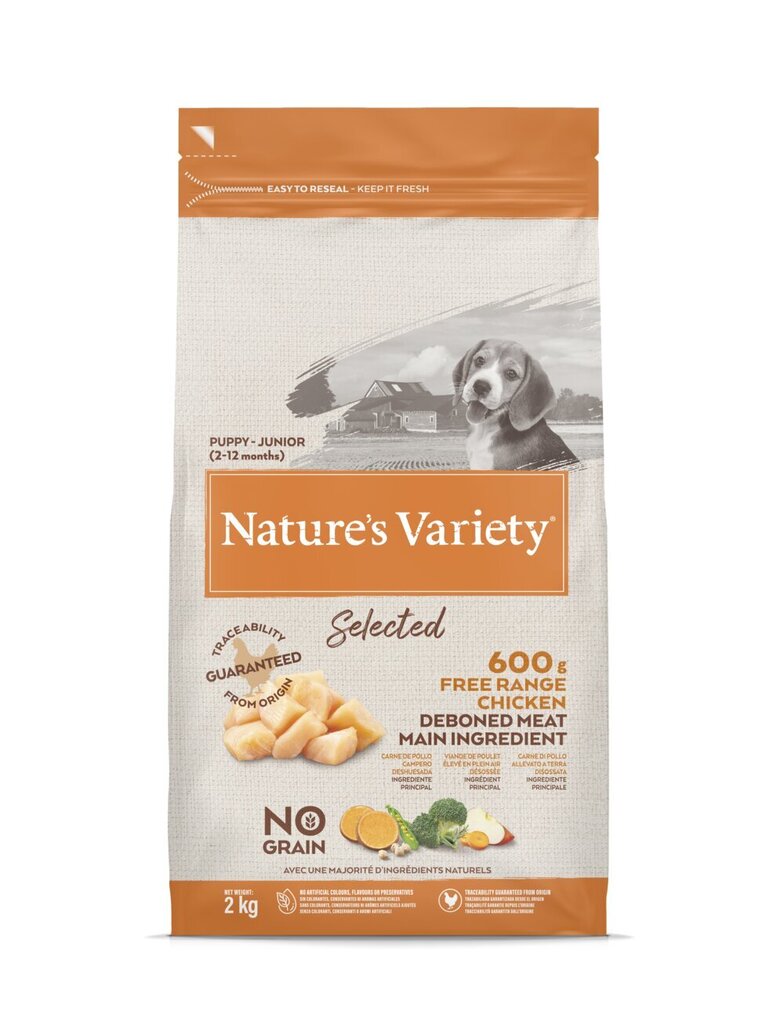 Nature's Variety Dog Selected Junior Free Range chicken 2 kg - vabapidamisel kuivtoit kutsikate/juunioride jaoks цена и информация | Kuivtoit koertele | kaup24.ee