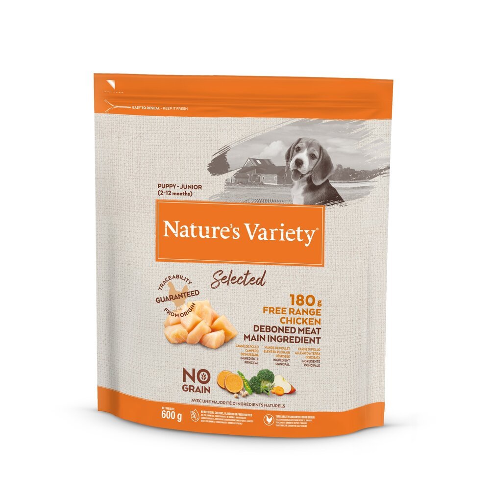 Nature's Variety Dog Selected Junior Free Range chicken 0,6 kg - vabapidamisel kuivtoit kutsikate/juunioride jaoks цена и информация | Kuivtoit koertele | kaup24.ee