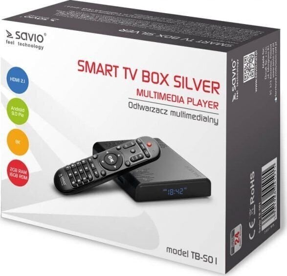 Smart TV Box SAVIO TB-S01 Silver, 2/16, Android 9.0, HDMI v2.1, 4K, USB 3.0, WiFi, SD цена и информация | TV tüünerid | kaup24.ee