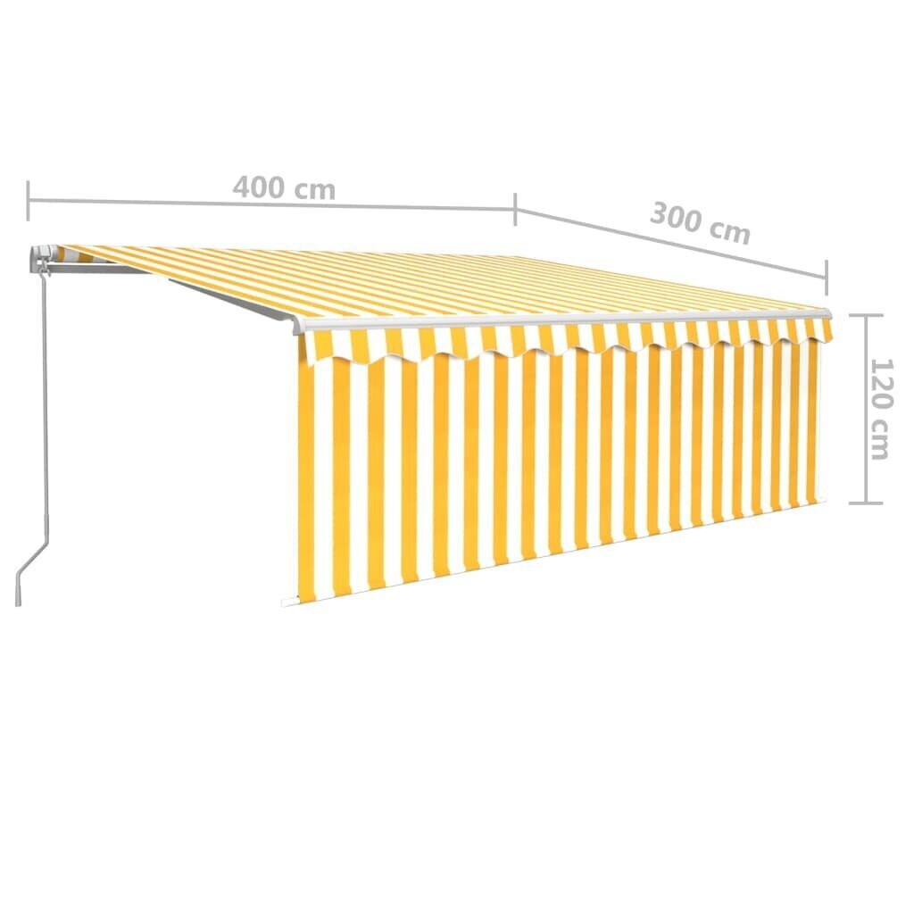 vidaXL käsitsi sissetõmmatav varikatus ruloo&LED, 4x3m, kollane/valge цена и информация | Päikesevarjud, markiisid ja alused | kaup24.ee