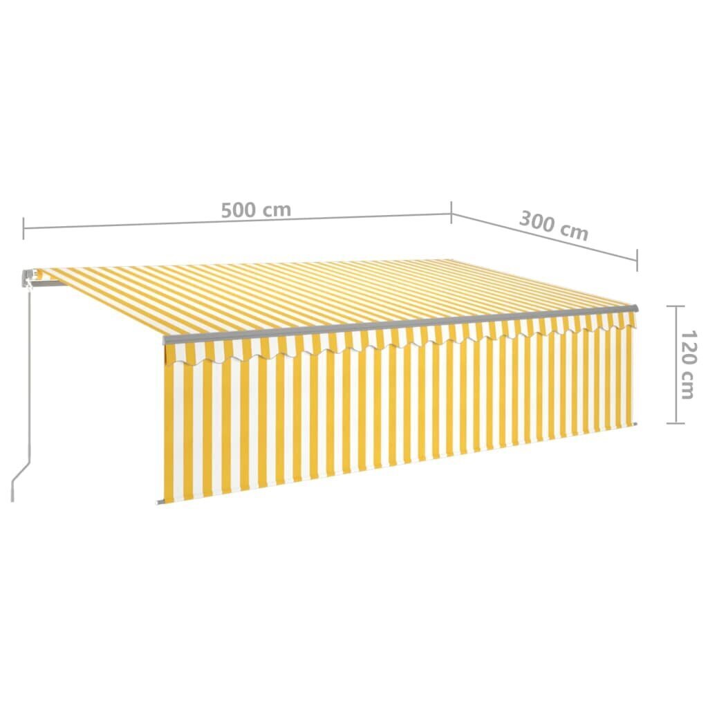 vidaXL käsitsi sissetõmmatav varikatus rulooga, 5 x 3 m, kollane/valge цена и информация | Päikesevarjud, markiisid ja alused | kaup24.ee